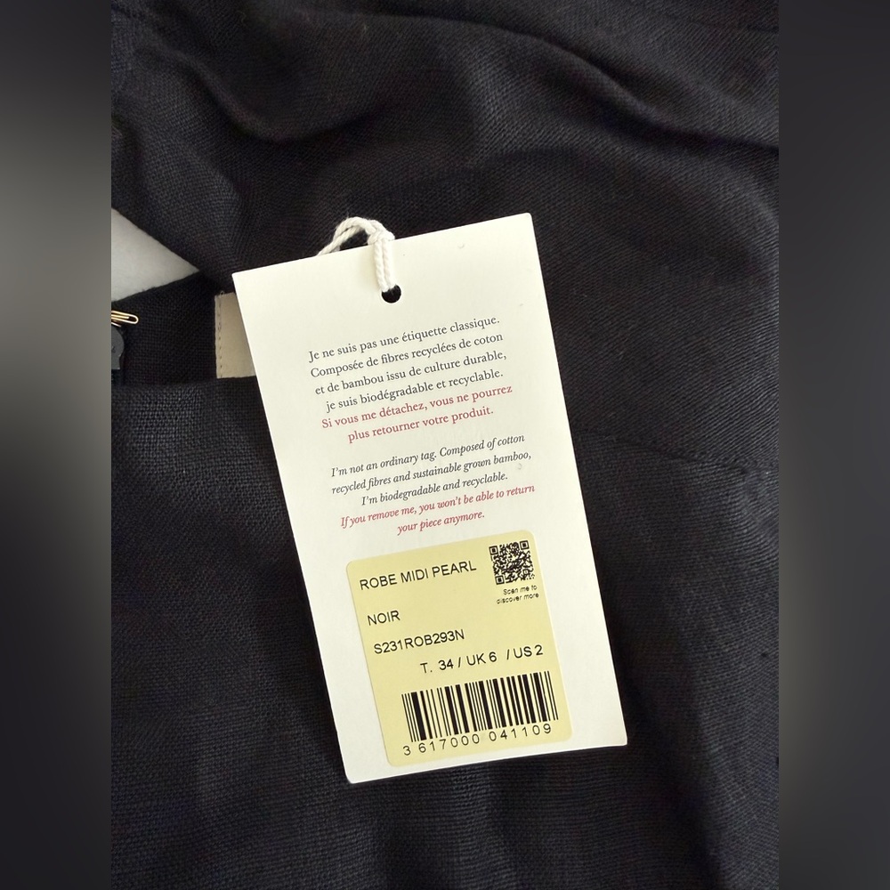 Sezane Pearl Dress Linen Black Cutout Strap Midi - Picture 9 of 10